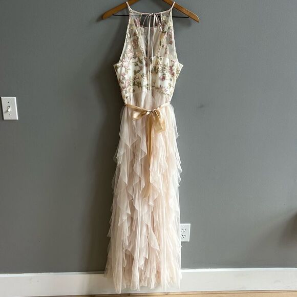 Nights by Teeze Me Champagne Floral Chiffon Tiered Ruffle Gown Size 7 Formal - Picture 6 of 12